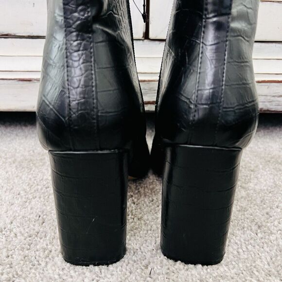 Express Black Croc Embossed Vegan Leather Square Toe Heeled Ankle Boots Size 8.5 - Picture 5 of 8
